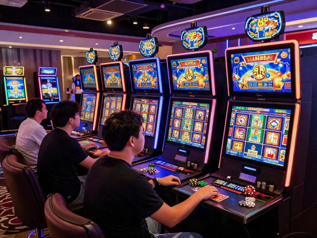 Exciting gaming scene featuring players engaging with slot88 machines in a vibrant casino environment.