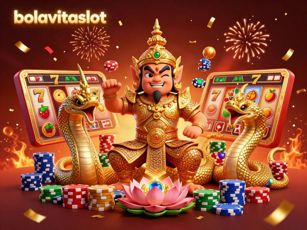 Experience the thrill of bolavitaslot with a 3D cartoon guardian, jackpot reels, and colorful poker chips.