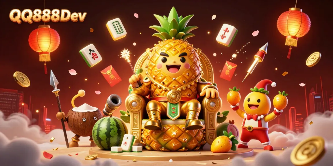 Engage with the vibrant 3D casino scene featuring QQ888 Dev, showcasing a golden pineapple king and playful characters in a dynamic beach setting.