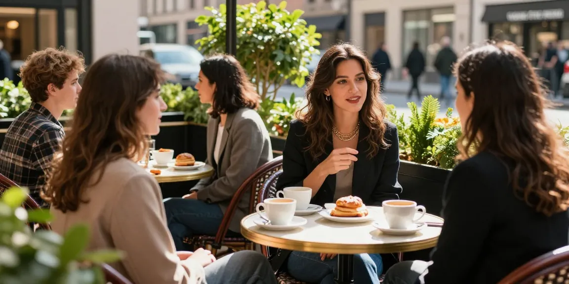 Elegant social scene of a stylish woman discussing escort services in a chic café setting.