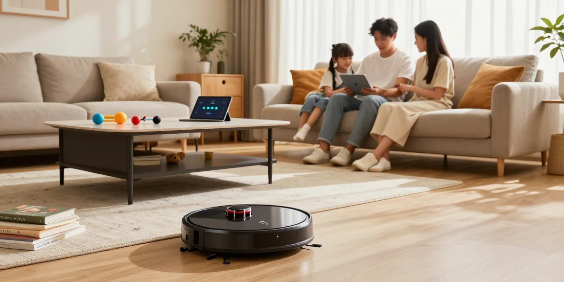Robot vacuum 2026 seamlessly navigating a modern living room with family, showcasing smart home technology and pet-friendly design.