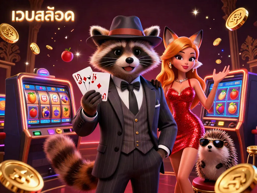 Experience the excitement of เว็บสล็อต with a suave raccoon holding a royal flush in a dynamic casino scene.