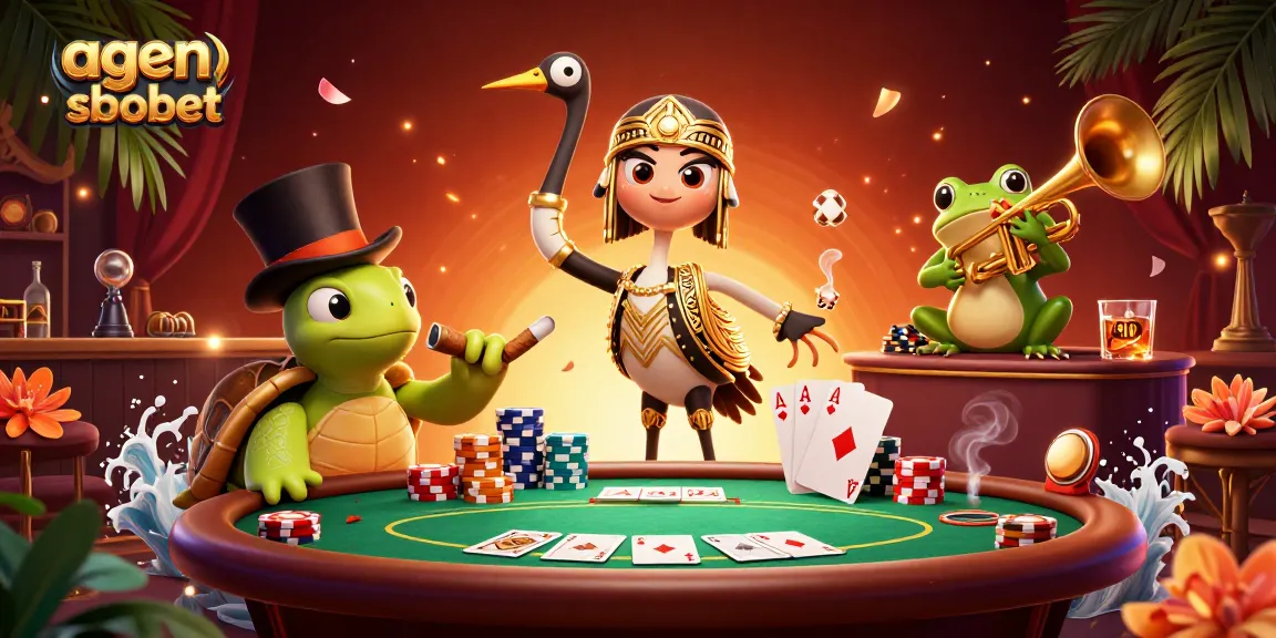 A playful scene depicting characters celebrating in a vibrant casino atmosphere with agen sbobet prominently featured.