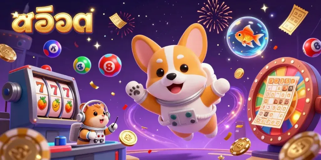 Experience the excitement of สล็อต with a festive 3D scene featuring a floating astronaut corgi, poker chips, and dynamic game elements.