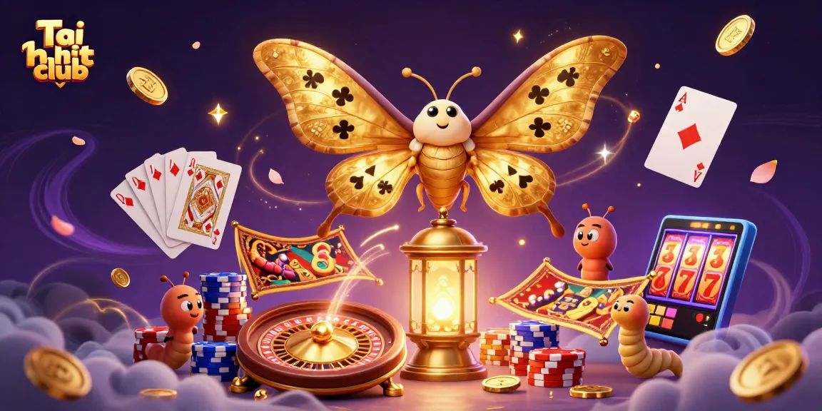 Experience Tải hit club with a dynamic casino scene featuring golden moths and vibrant game elements.