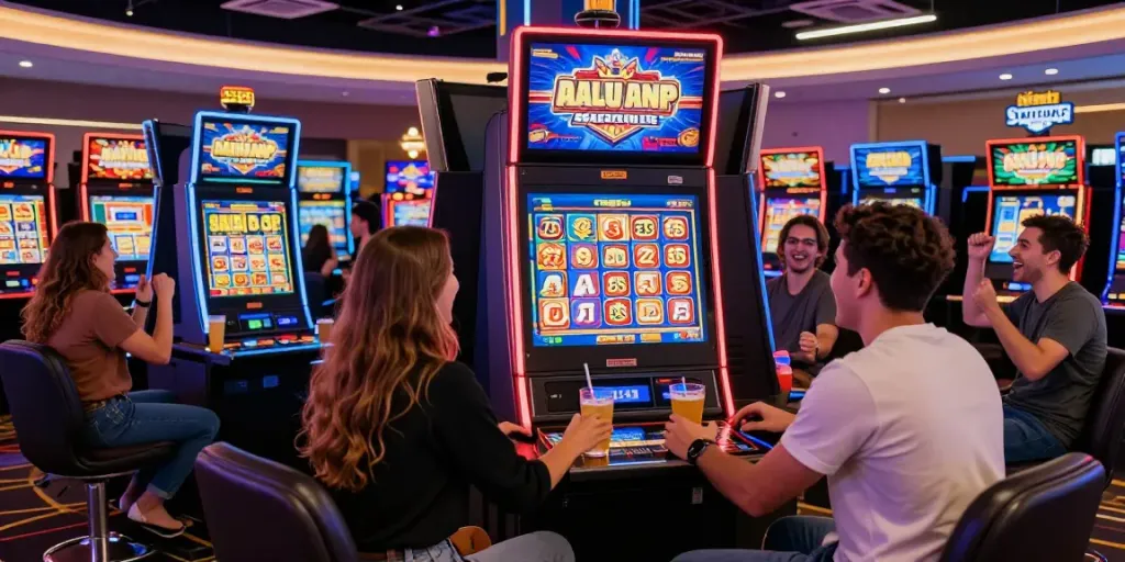 A lively casino scene featuring friends enjoying akunjp slot games with vibrant graphics and energetic atmosphere.