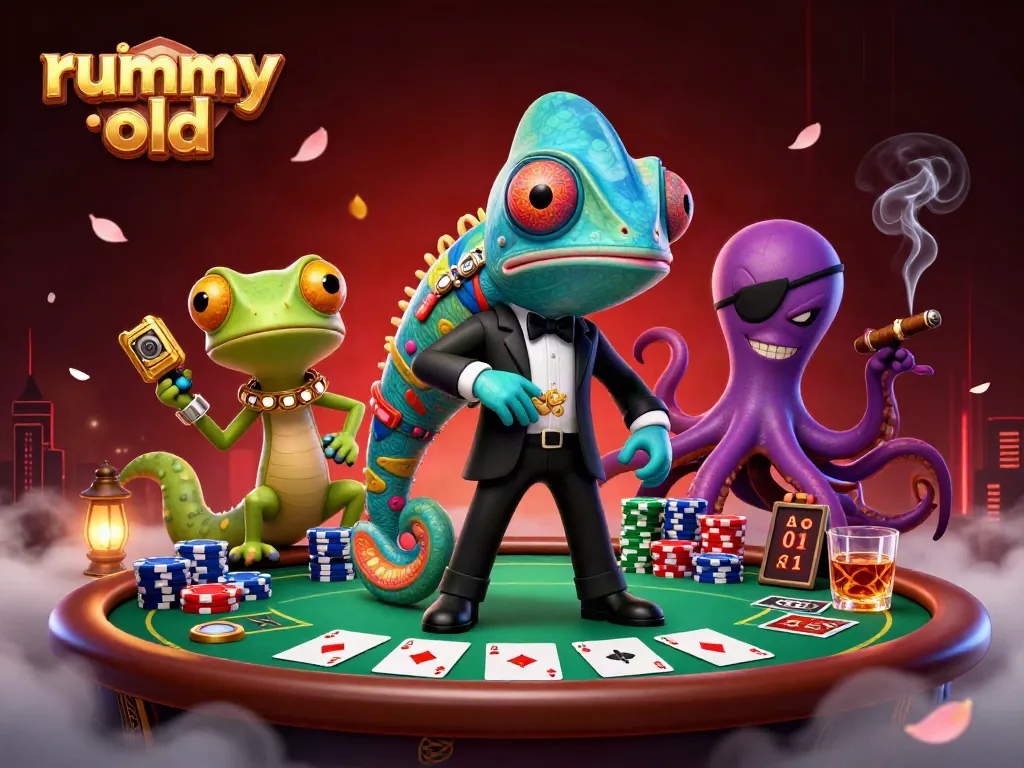 Rummy Old memperlihatkan agen chameleon 3D bermain poker dengan ratusan chip casino yang penuh warna.