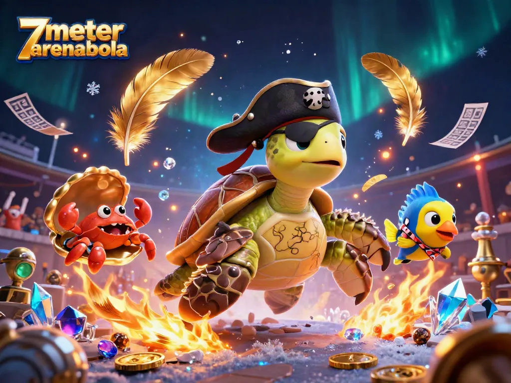 Engage in thrilling football action with 7meter arenabola, featuring a colorful pirate turtle and friends.