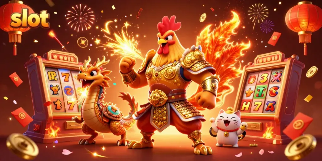 Permainan slot menampilkan karakter ayam petarung dan naga yang menyala, dikelilingi oleh elemen kasino yang meriah.
