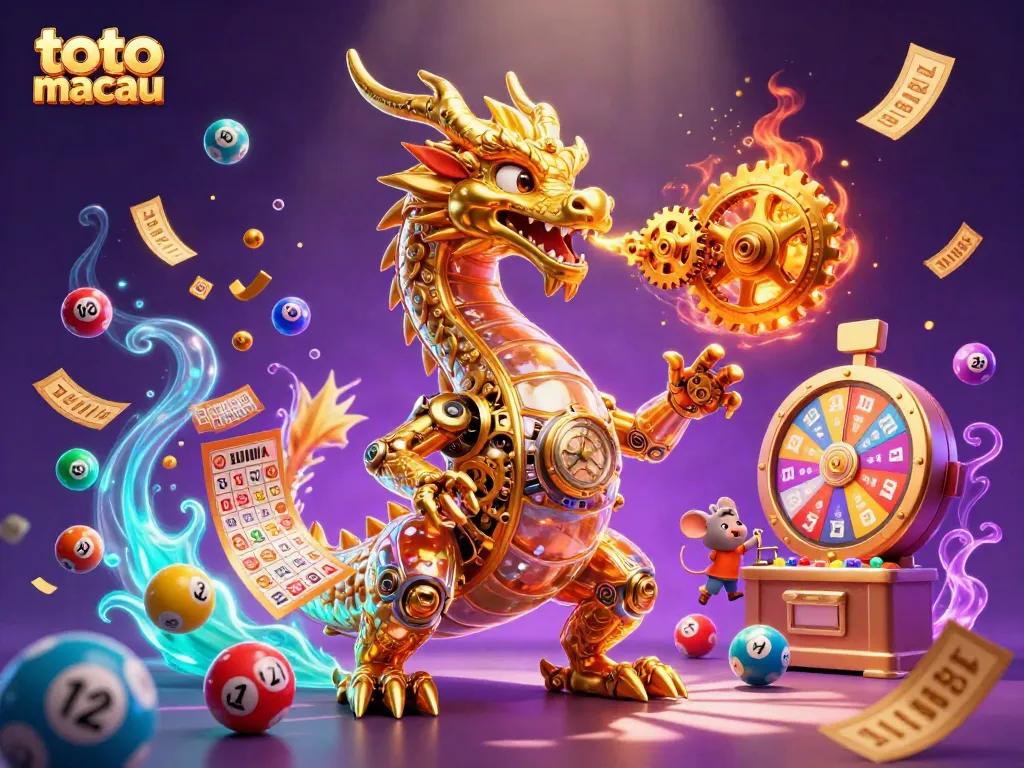 Menangkan toto macau dengan ilustrasi 3D berwarna cerah yang menggambarkan naga emas, bola lotere, dan mesin lotere.
