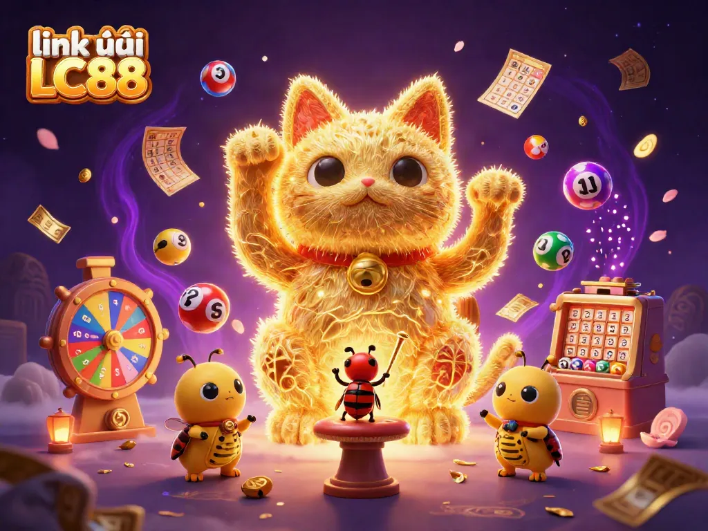 Engage with the exciting link vào LC88 featuring a vibrant lucky cat surrounded by colorful casino elements.