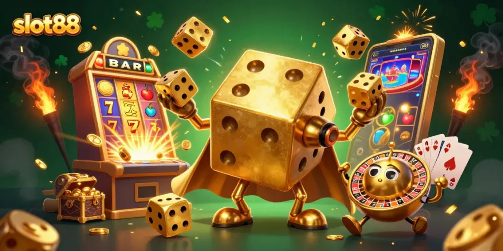 Menangkan jackpot dengan slot88, ilustrasi kasino 3D menampilkan dadu emas dan mesin slot penuh koin.