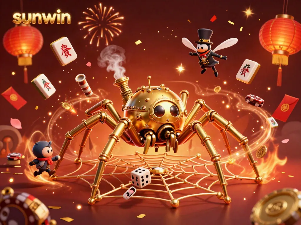 Engage with sunwin's thrilling atmosphere, showcasing a steampunk spider and lucky elements of casino gaming.