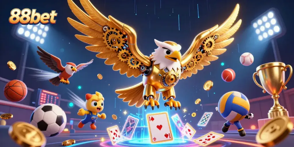Experience the thrill of 88bet with our dynamic 3D illustration featuring a golden eagle and sports elements.