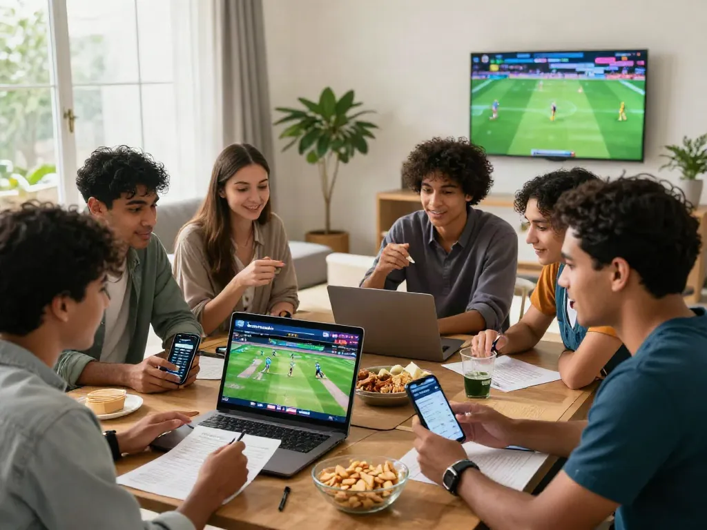 Friends engaging in cricket, football, and tennis betting on Lotus365, showcasing excitement and camaraderie in a vibrant atmosphere.
