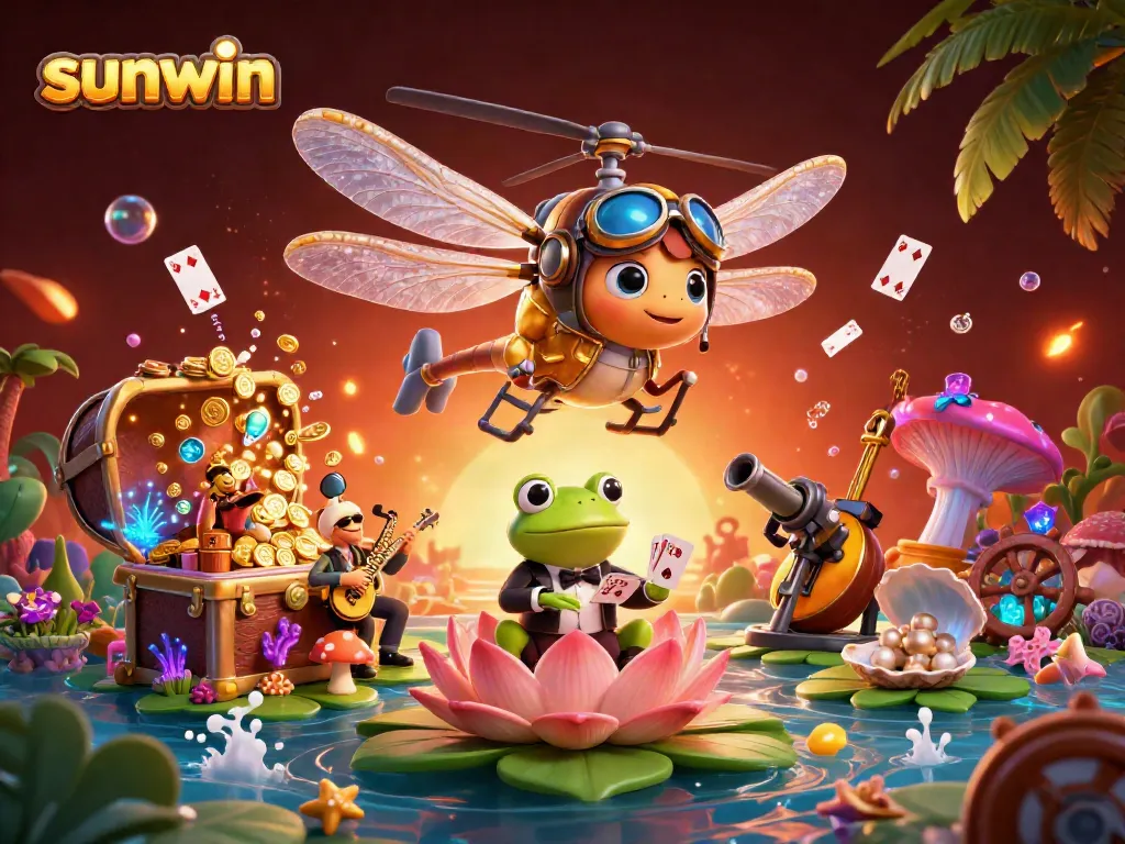 Engage in thrilling games at sunwin with a vibrant casino scene featuring a dragonfly pilot and frog dealer.