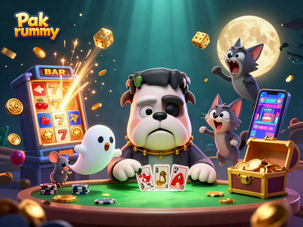 Engage in exciting Pak rummy action with a cartoon Frankenstein bulldog at a lively casino table.