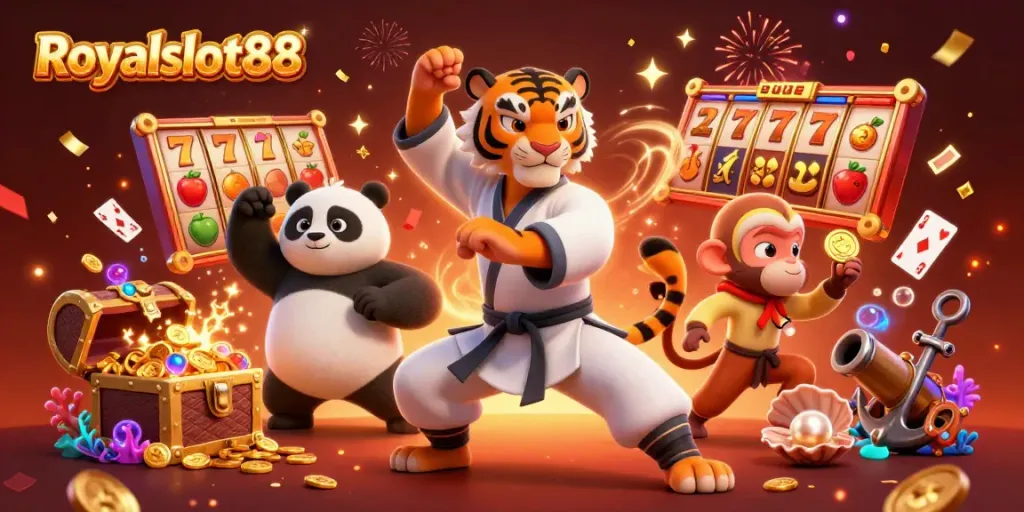 Royalslot88 menampilkan ilustrasi 3D dengan karakter kasino, roda slot, dan koin emas yang melimpah.