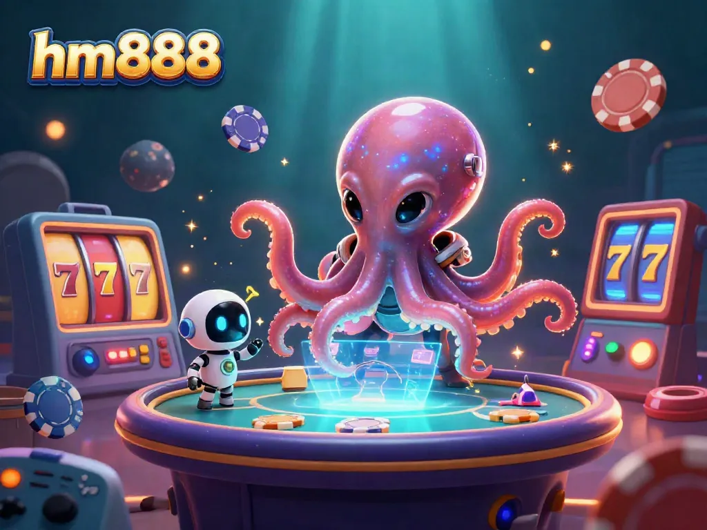 Play exciting poker with the alien octopus at hm888's holographic table amid colorful casino elements.