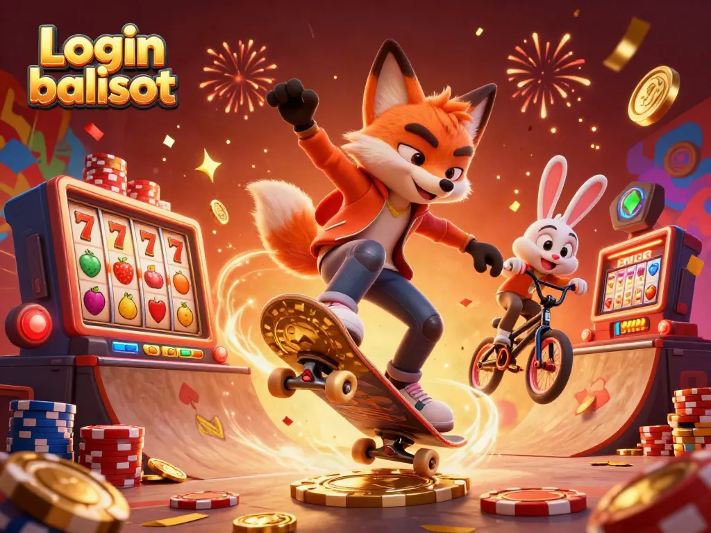 Experience thrills with Login balislot as the skateboarder fox and BMX rabbit perform in a vibrant casino scene.
