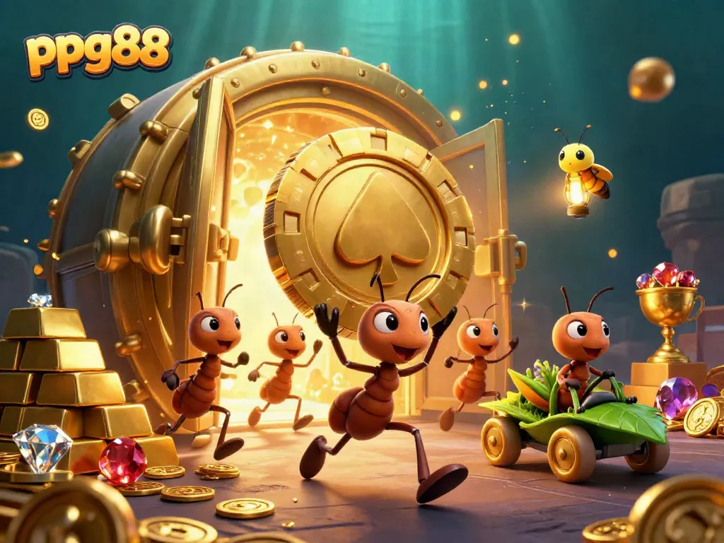 Engaging scene of the ppg88 cartoon heist with ants, golden poker chip, and treasure elements.