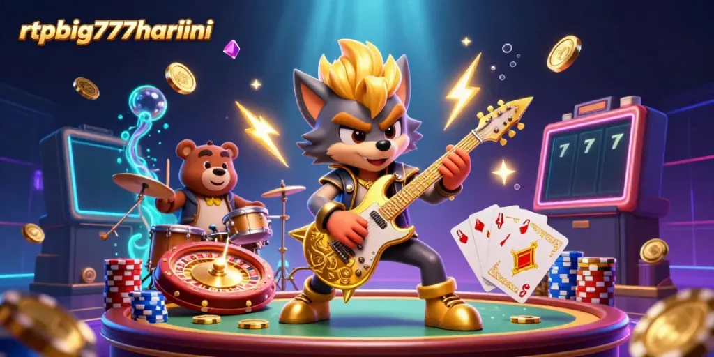 Witness an energetic scene at rtpbig777hariini, featuring a rock star wolf and drummer bear celebrating casino wins.