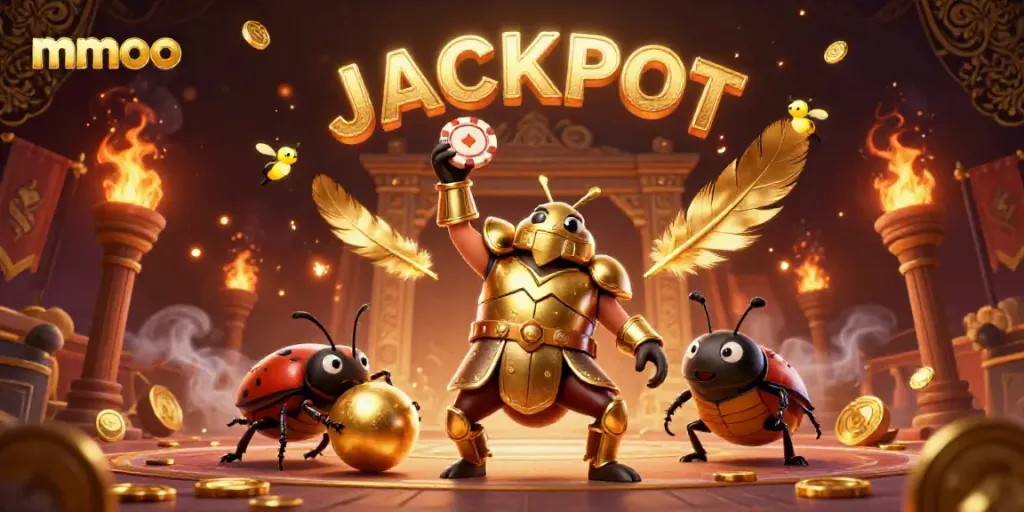 Experience mmoo with a victorious beetle in golden armor amid casino glory, as fireflies herald JACKPOT!