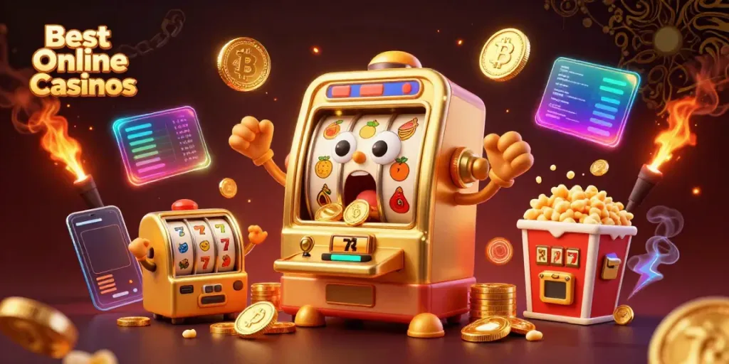 Experience excitement with Best Online Casinos as a golden slot machine hits a jackpot.