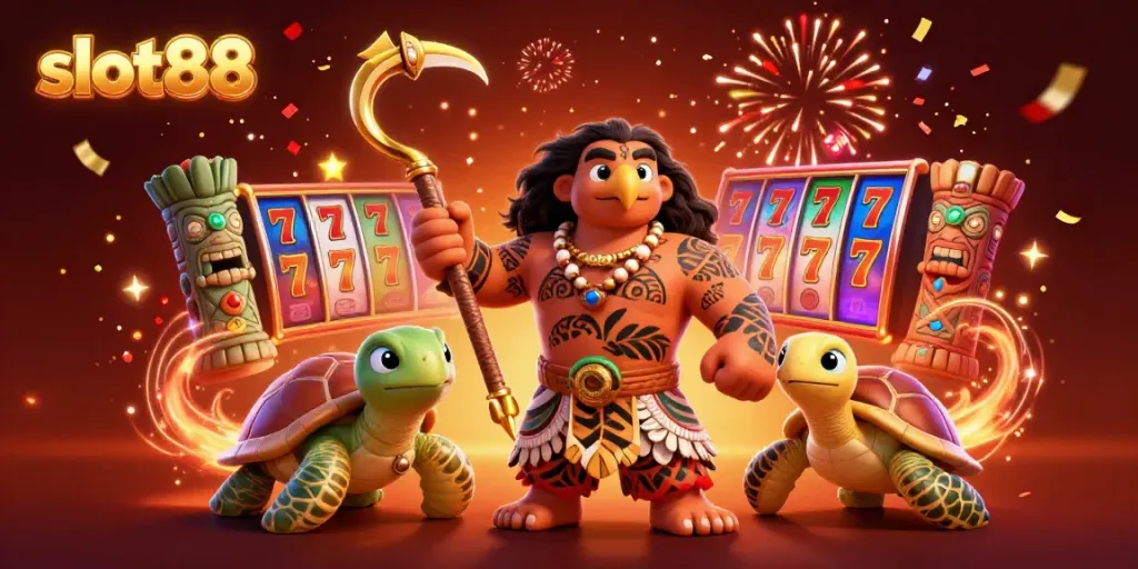 Menangkan jackpot di slot88 dengan dewa hawk dan kura-kura lucu di latar belakang kasino yang meriah.