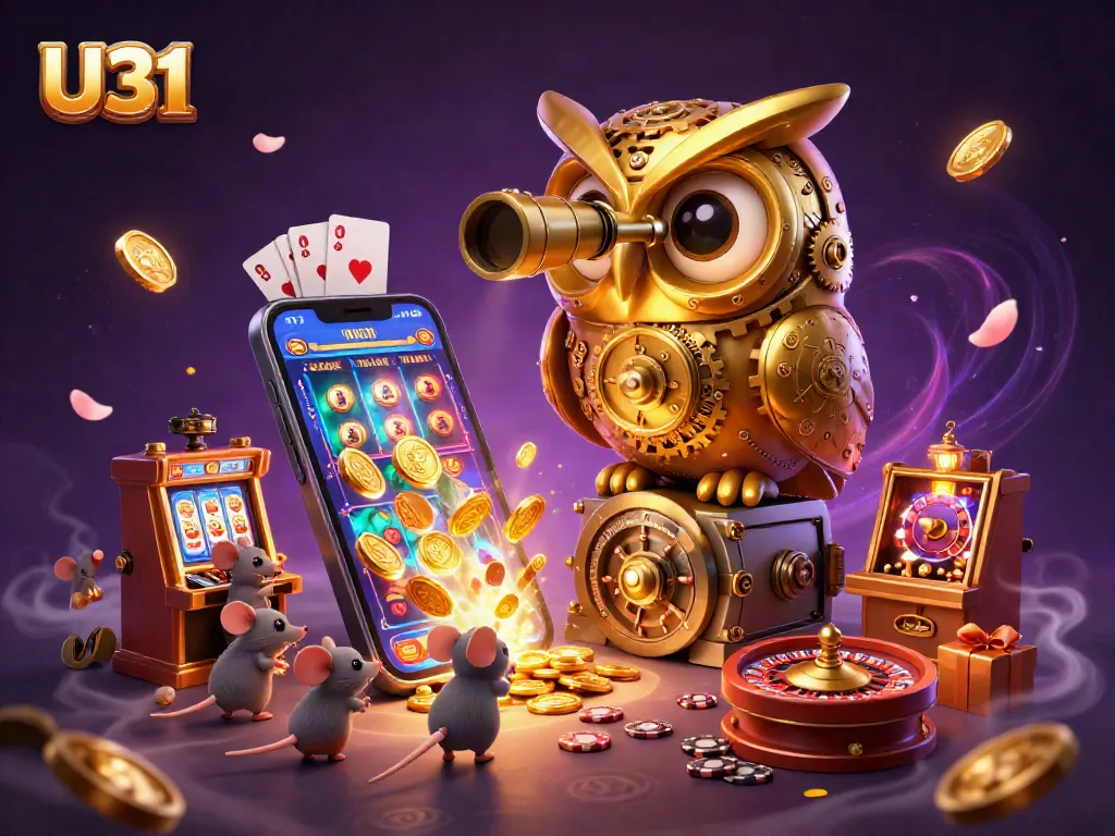 Engage in thrilling gameplay with U31, as golden coins, slot games, and vibrant characters fill the casino floor.