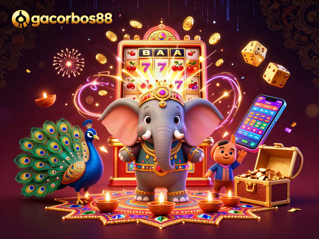 Experience winning at gacorbos88 with an exciting 3D casino-themed scene featuring vibrant elements.