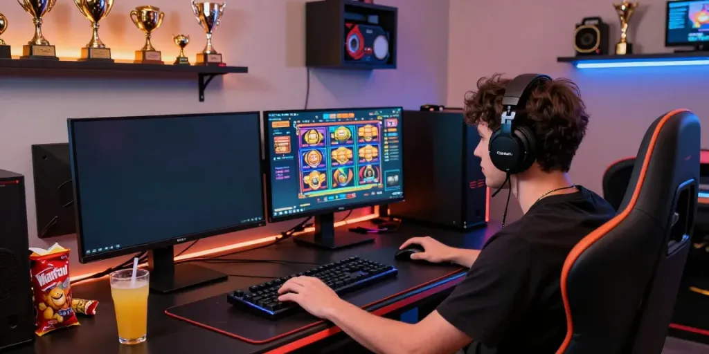 Avid gamer engaged in an intense session on akunjp with a vibrant interface and immersive setup.