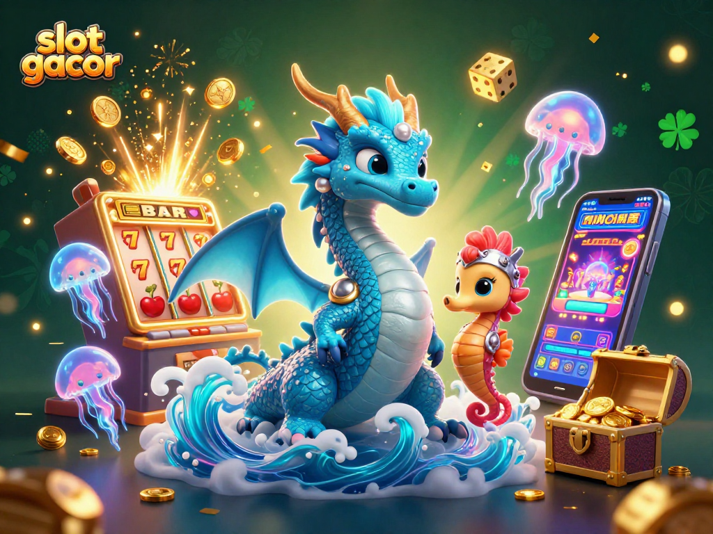 Permainan slot gacor menampilkan naga air 3D, kuda laut, dan mesin slot dengan jackpot besar.