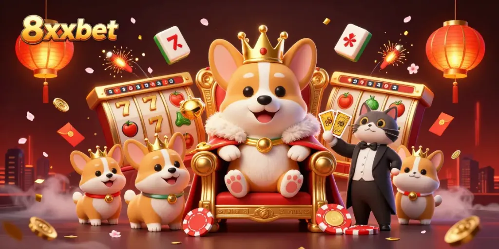 Experience winning at 8xbet with a thrilling 3D casino scene featuring vibrant characters and games.
