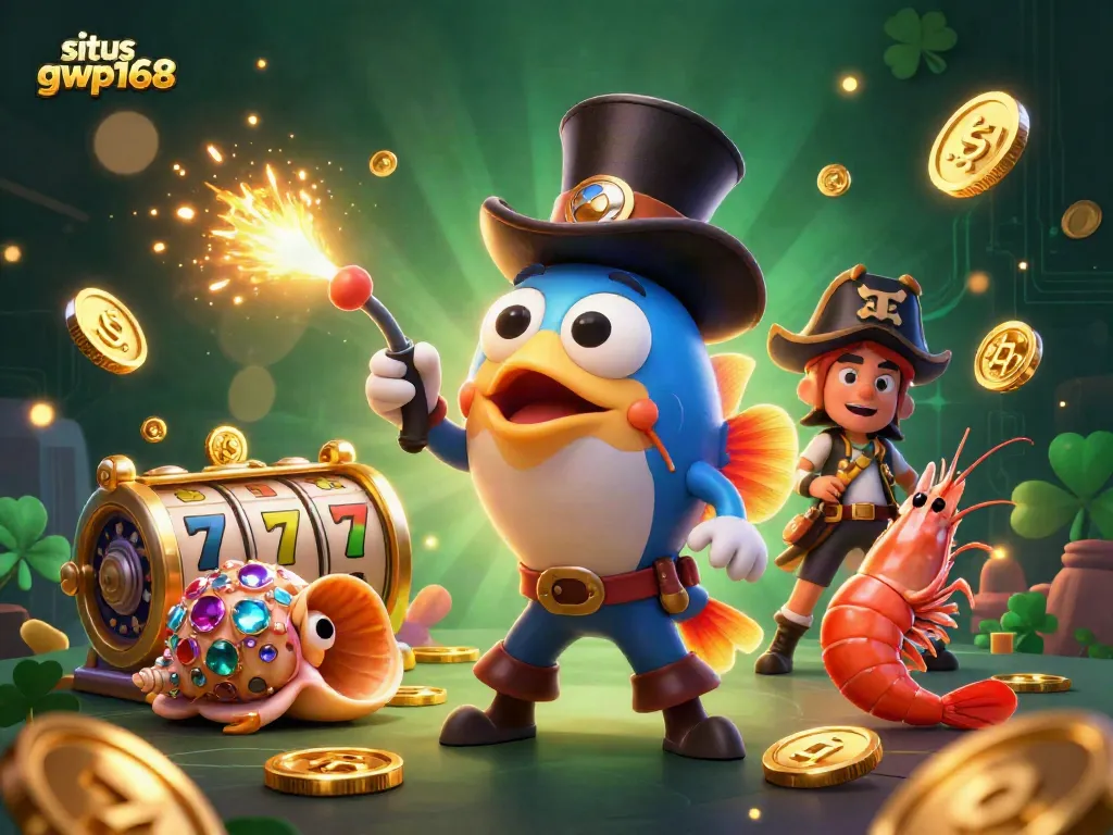 Menang di situs gwp168 dengan ilustrasi 3D kasino laut yang menampilkan karakter unik menarik koin emas.