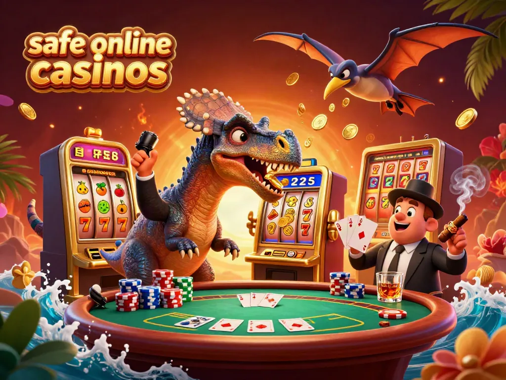 Experience the excitement of safe online casinos as a dinosaur wins jackpots at a slot machine.