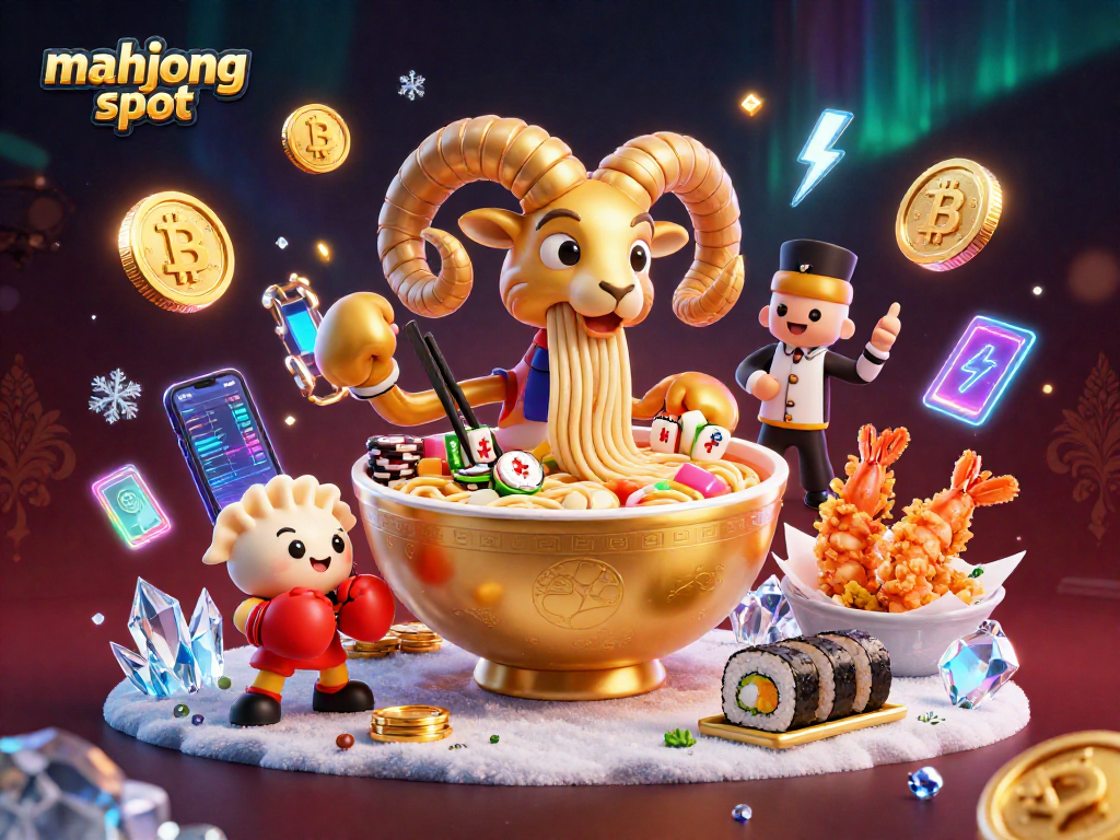 Engage with Mahjong slot gaming in this lively illustration showcasing vibrant characters and crypto elements.