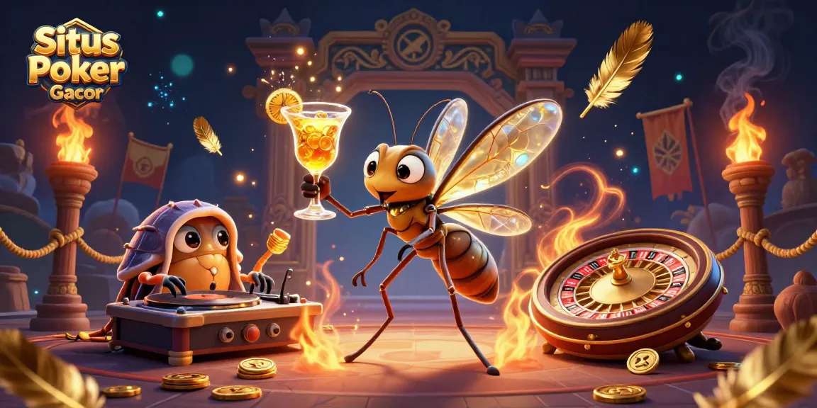 Situs Poker Gacor showcases animated characters in a vibrant casino scene filled with gold and energy.