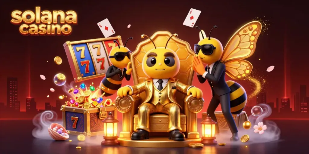 Engage with solana casino excitement featuring a 3D cartoon bumblebee mob boss and dynamic slot elements.