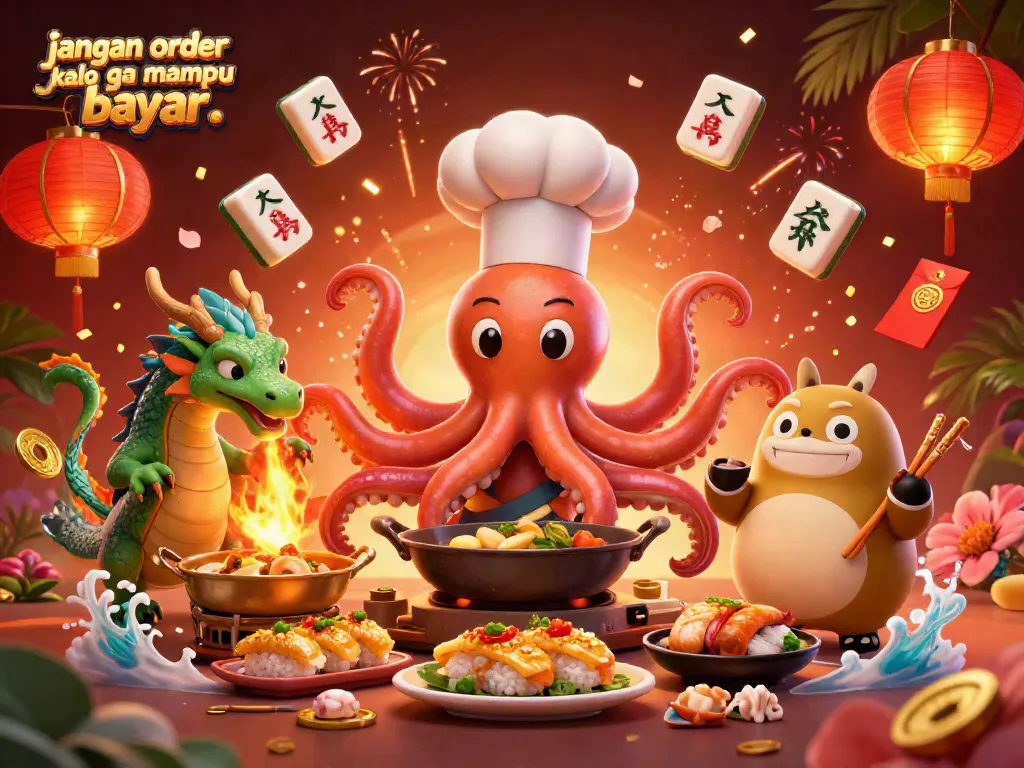 Engaging scene featuring a chef octopus and dragon in a vibrant casino atmosphere with shrimp-themed imagery to promote understanding of jangan order kalo ga mampu bayar..