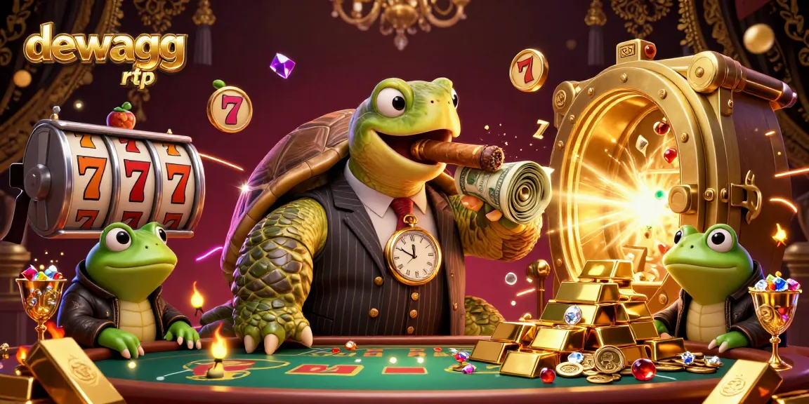 Engage with dewagg rtp in an immersive 3D casino scene featuring a snapping turtle mobster and bullfrog enforcers.