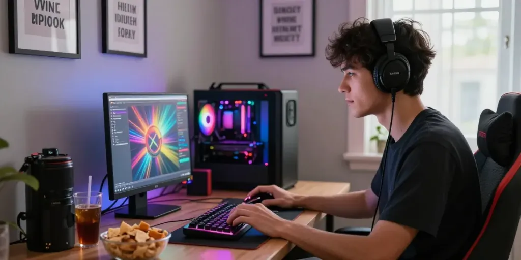 Engaged player enjoying gaming experience in a vibrant home setup with Operatoriu Gidas.