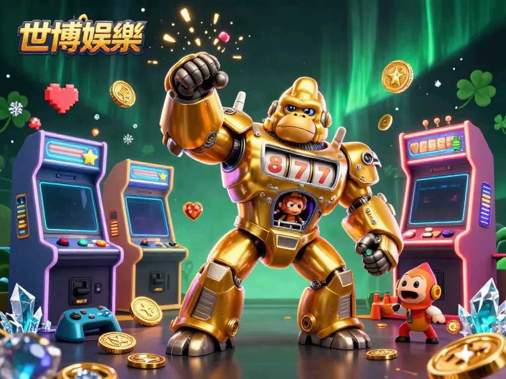 世博娱乐的3D插图，展现了一只由老虎机零件组成的金色大猩猩机甲，周围充满了游戏元素和光彩夺目的背景。