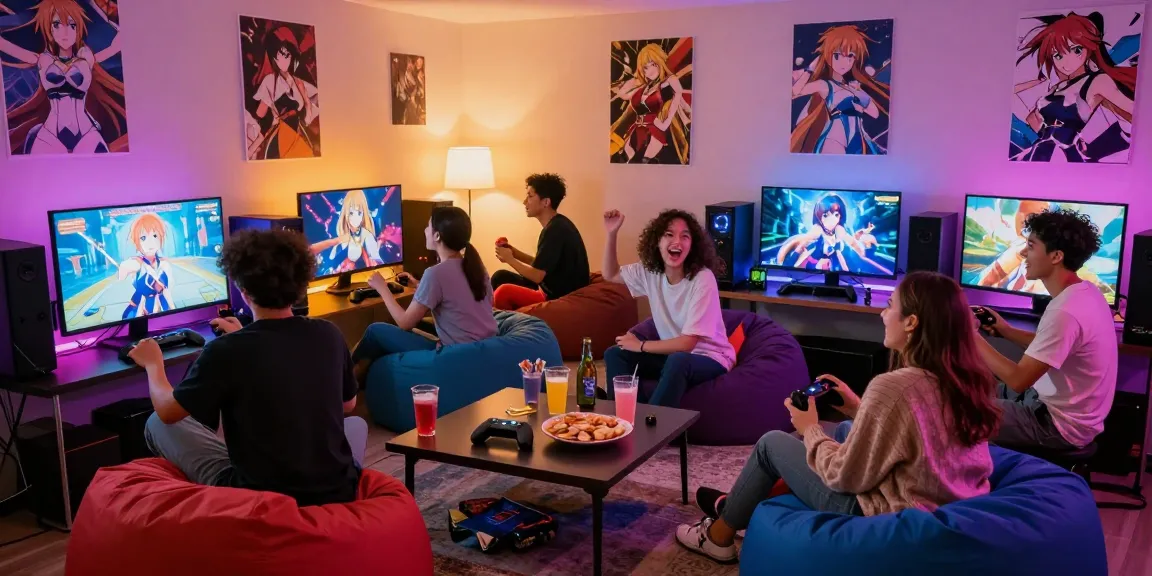 Diverse friends enjoying an engaging hentai game session in a cozy gaming environment, showcasing excitement and vibrant gaming elements.