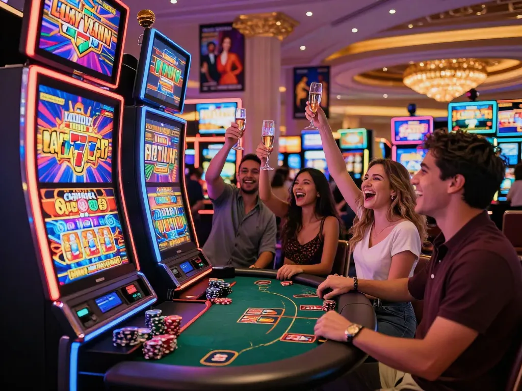 Celebrate winning on Lucky777 slot machine in a vibrant casino.