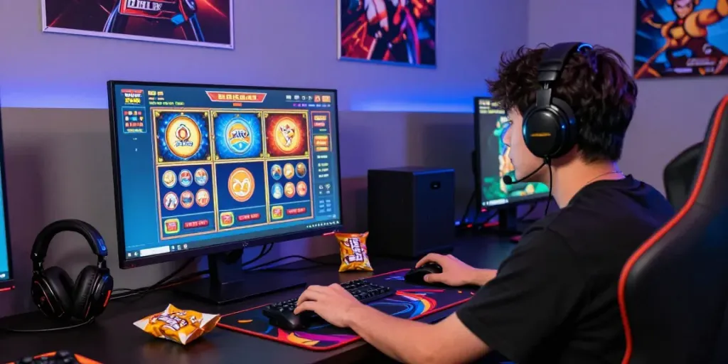 Player engaged in exciting slot gacor games at a modern gaming desk with vibrant atmosphere.