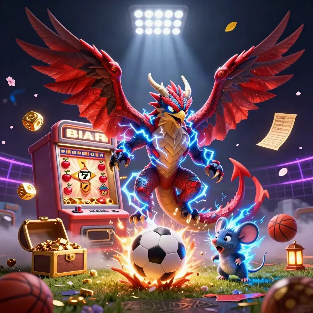 Ground-level soccer kick with dragon, hawk, mouse, slot burst, and casino glow.