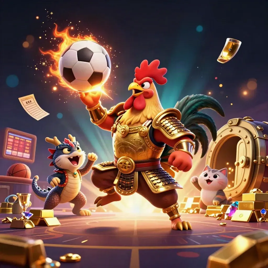 Rooster warrior, dragon hatchling, and fortune-cat burst through gold and sports action.