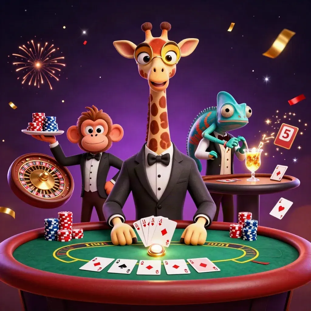 Giraffe high roller, monkey valet, and chameleon bartender in a luxe casino scene with cards and glowing gold.
