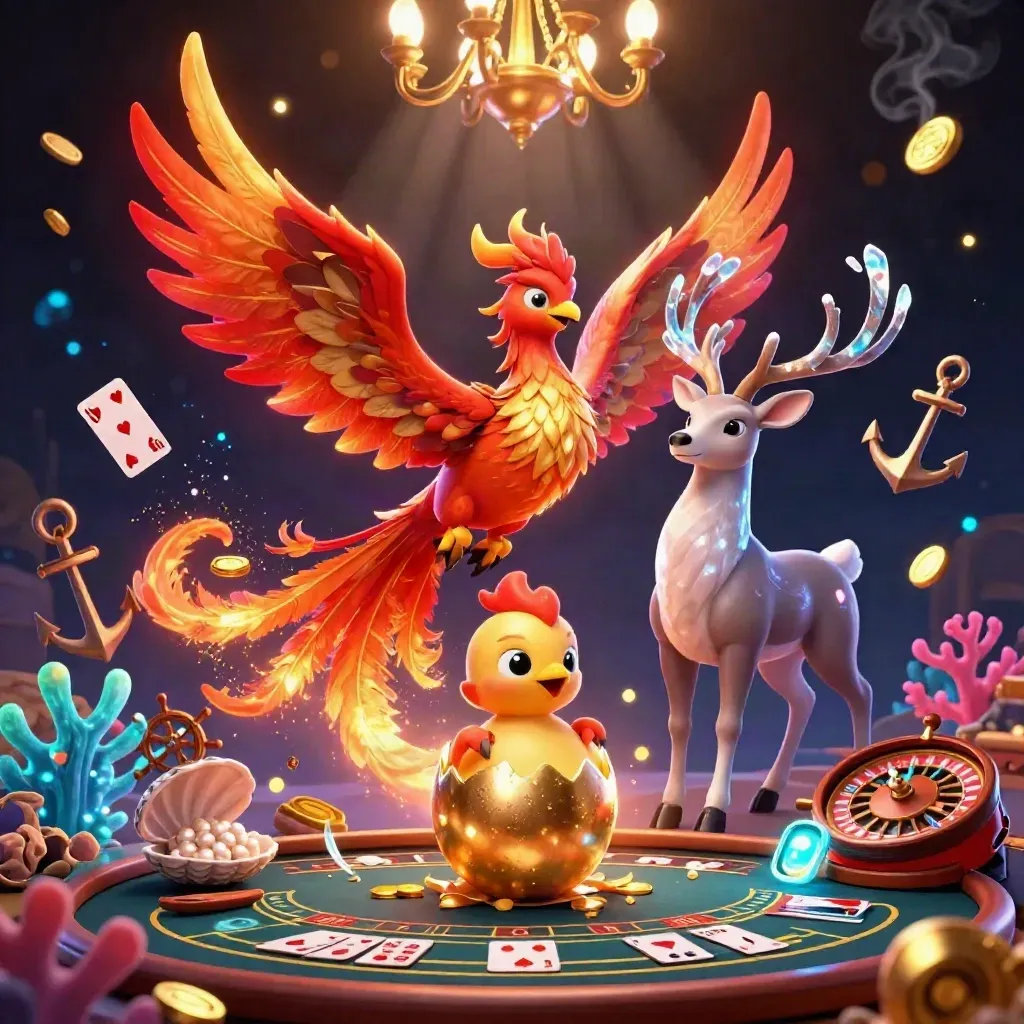 Phoenix trio and crystal stag in a luxe casino treasure cove with glowing coins, coral, and roulette